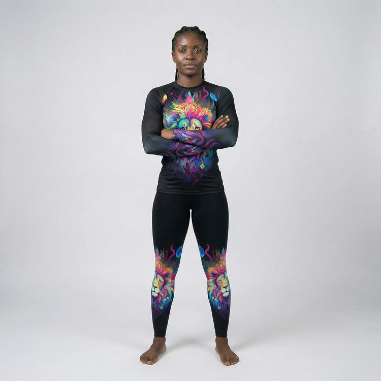 Front view of women’s Mystical Lion long sleeve rash guard