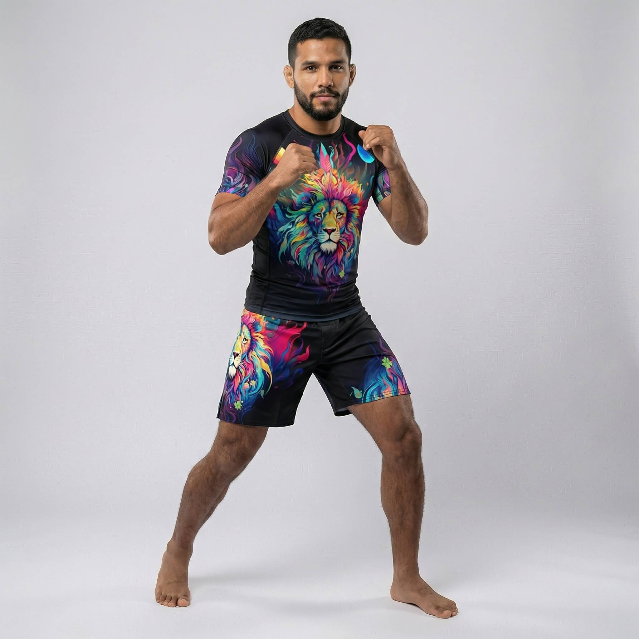 Short sleeve grappling rash guard with mystical lion artwork for BJJ and MMA