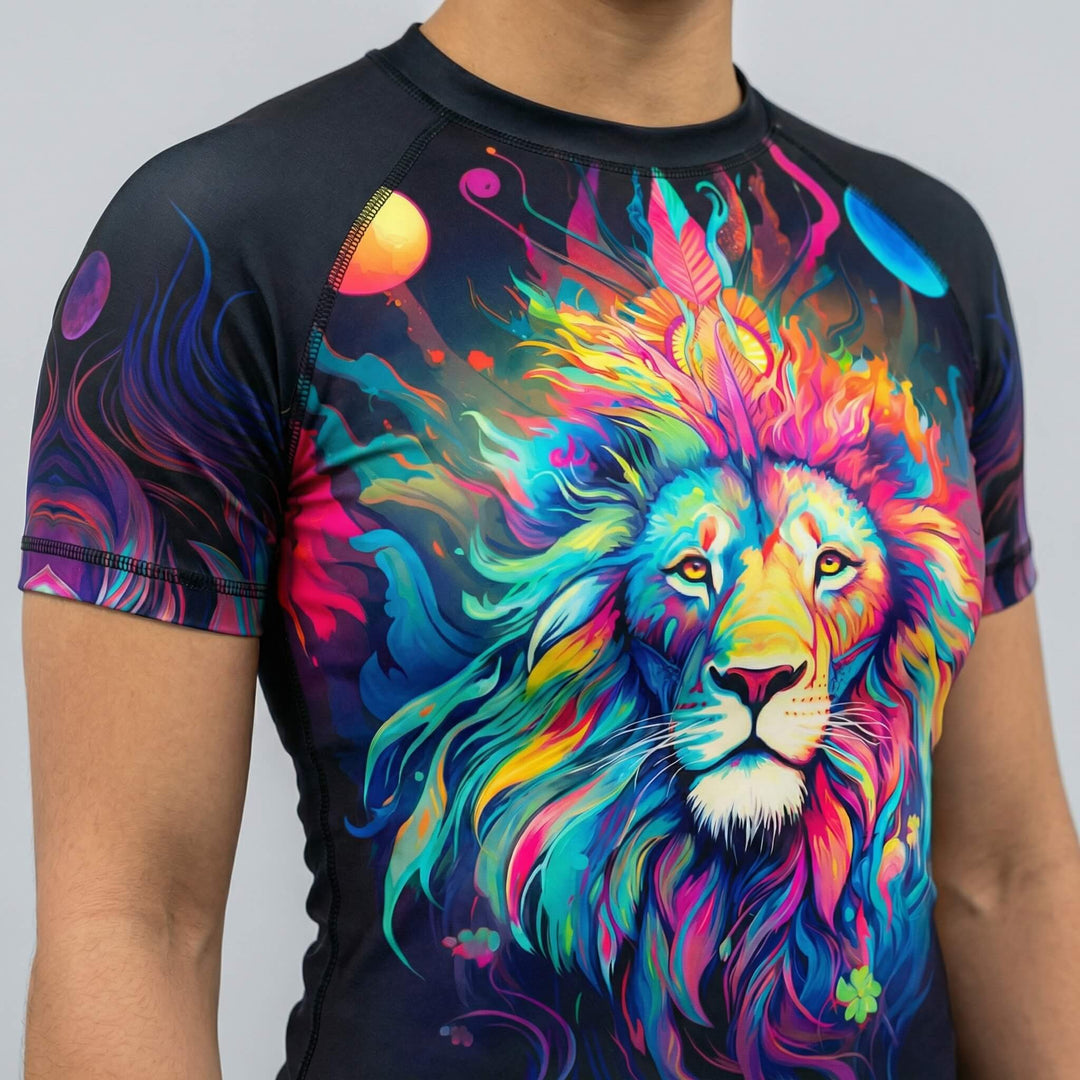 Women’s short sleeve rash guard with Mystical Lion print for BJJ and MMA