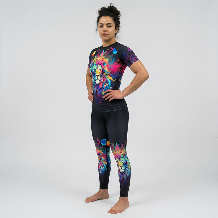 Female athlete’s short sleeve rash guard for BJJ and MMA