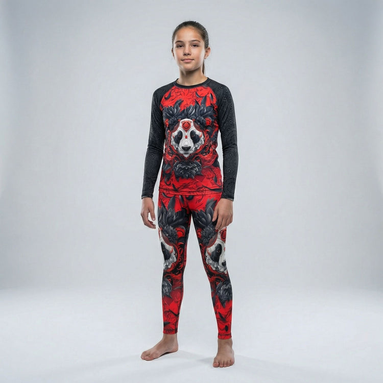 Kids' red Lotus Panda rash guard for BJJ and MMA training
