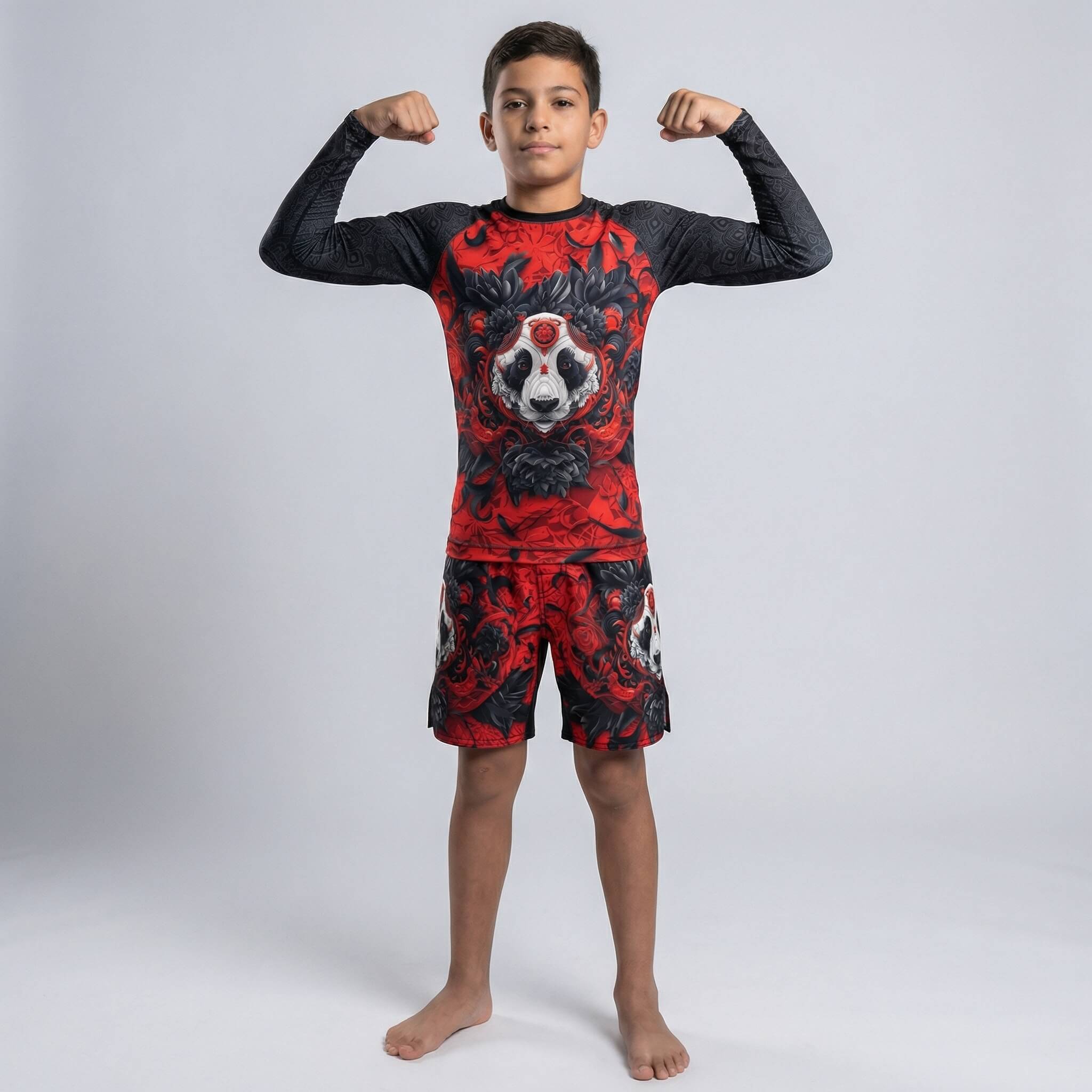 Kids' red Lotus Panda long sleeve rash guard for BJJ, MMA, and grappling