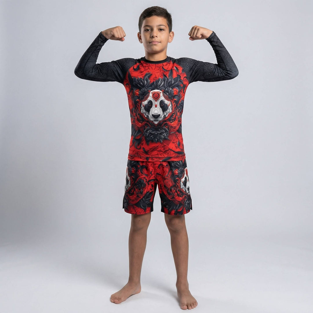 Kids' Lotus Panda red fight shorts for BJJ and MMA