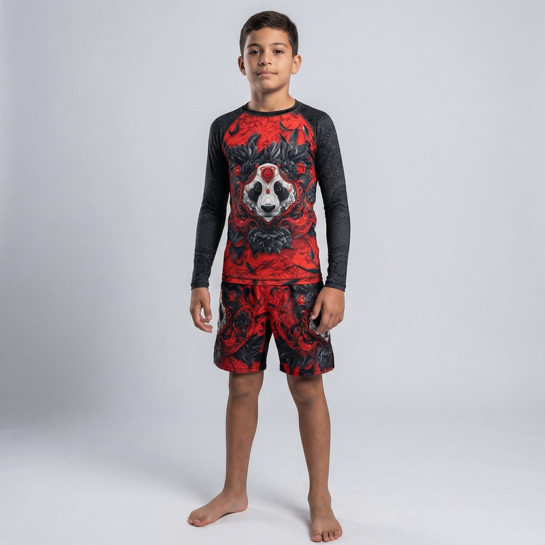 Red Lotus Panda long sleeve rash guard for kids' BJJ and MMA training