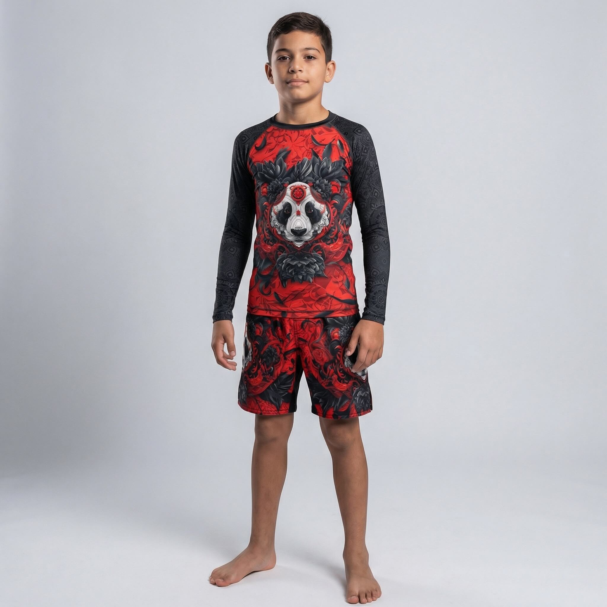 Kids' red Lotus Panda MMA and BJJ fight shorts