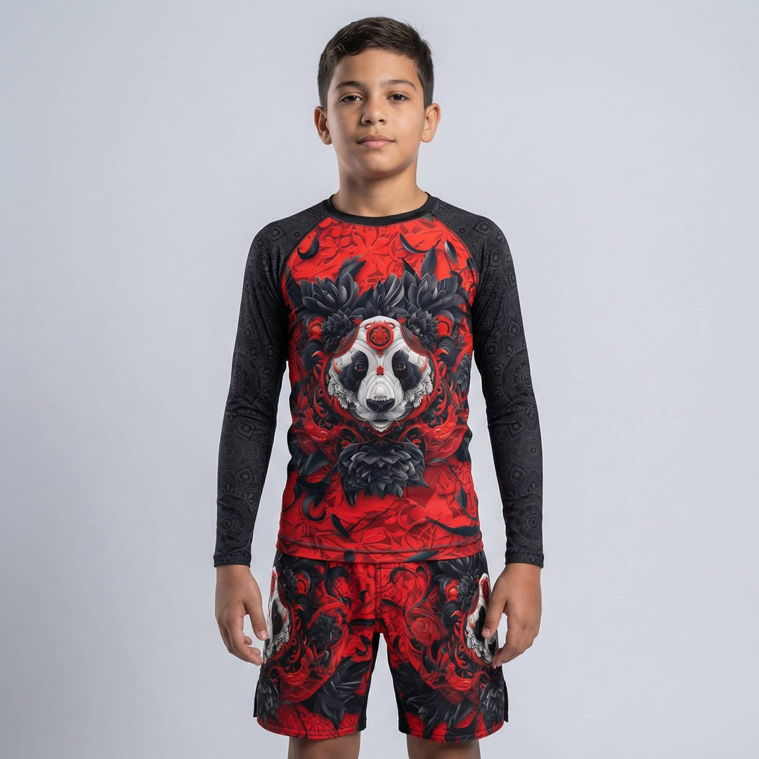 Kids' red Lotus Panda long sleeve rash guard for BJJ and MMA