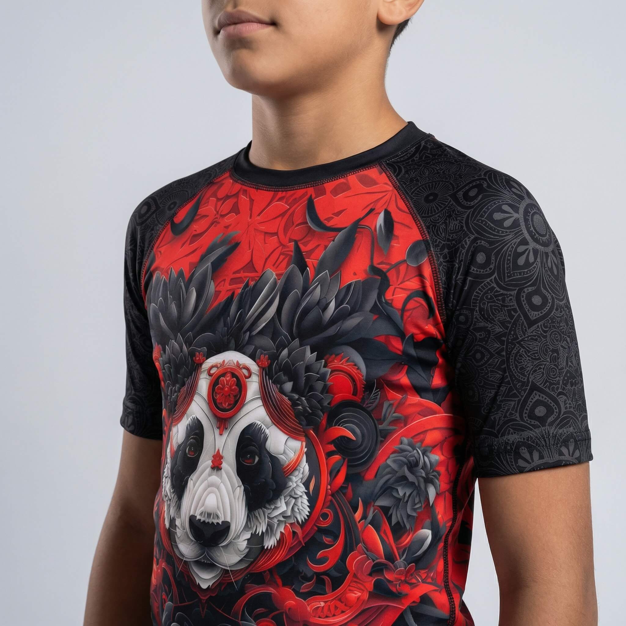 Kids' red Lotus Panda short sleeve rash guard for BJJ and MMA