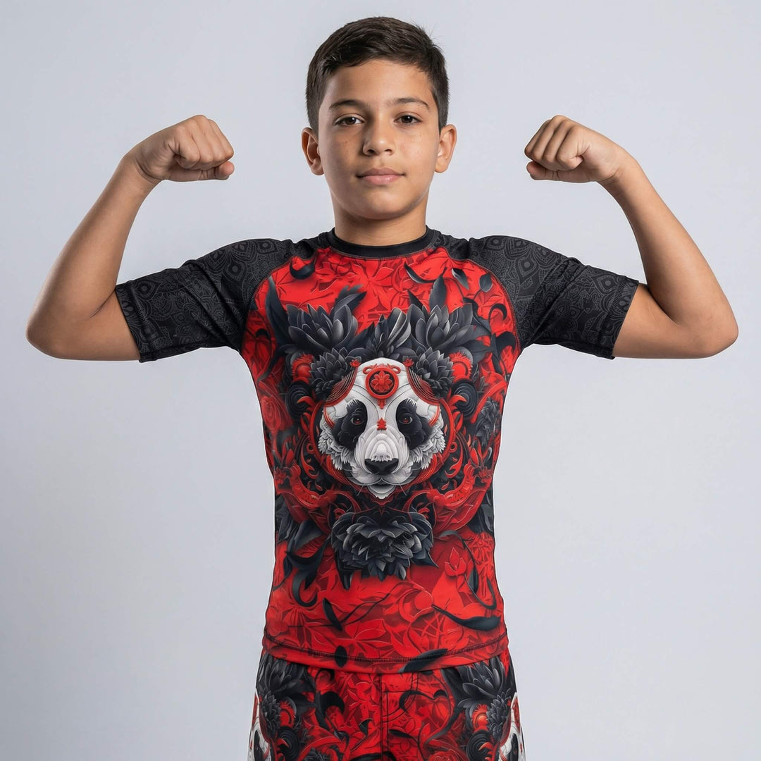 Kids' red Lotus Panda short sleeve rash guard for BJJ training