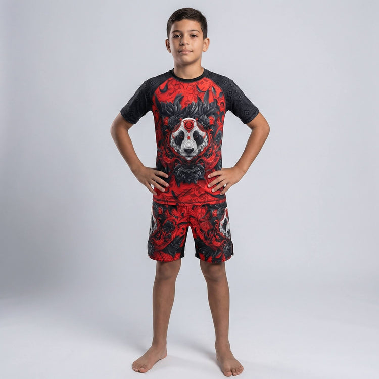 Kids' Lotus Panda red short sleeve rash guard for BJJ and MMA training