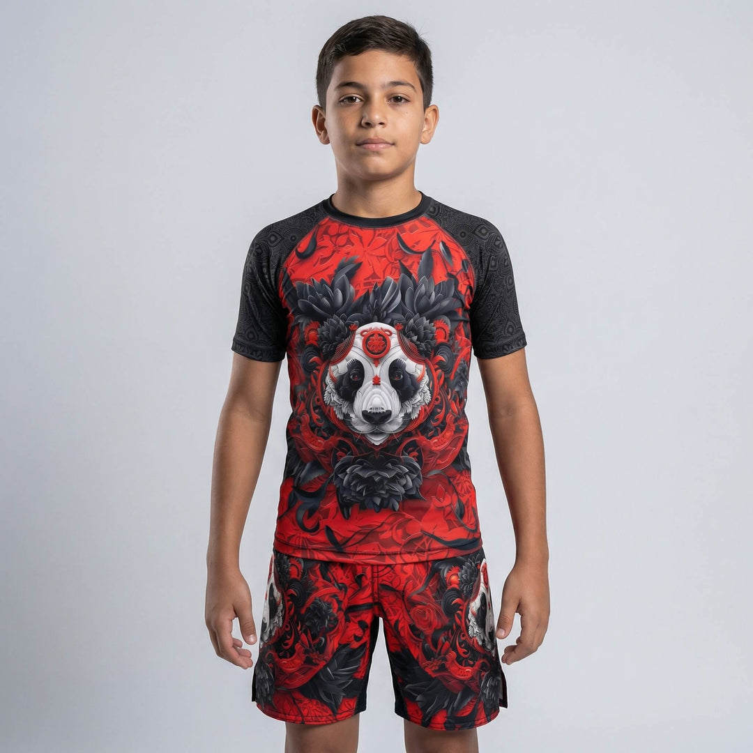 Kids' red Lotus Panda fight shorts for BJJ and MMA