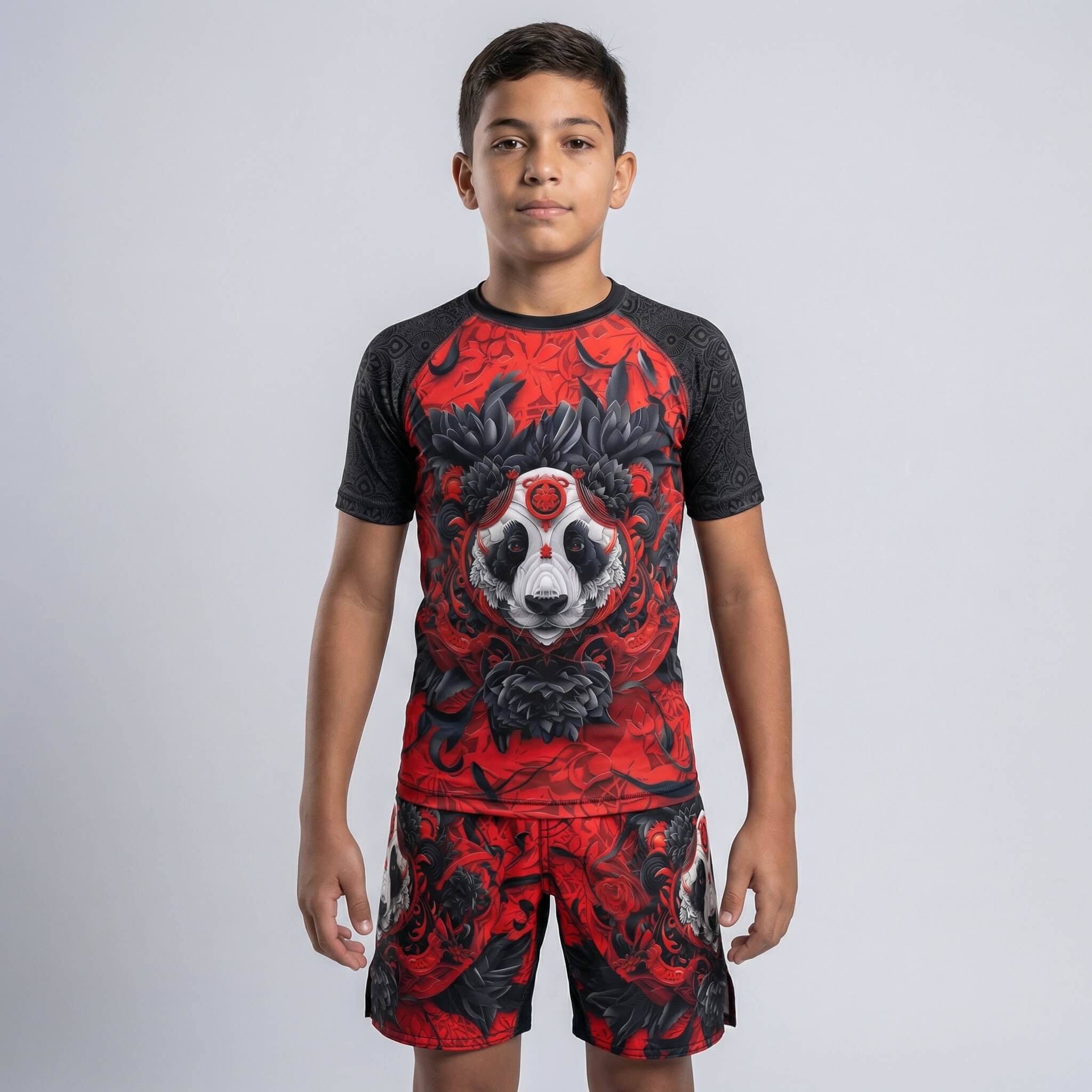 Kids' red Lotus Panda fight shorts for BJJ and MMA