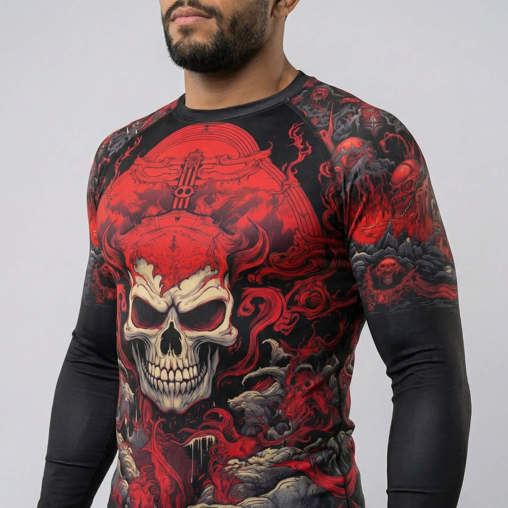 Close view of Shinigami red skull long-sleeve for BJJ and MMA