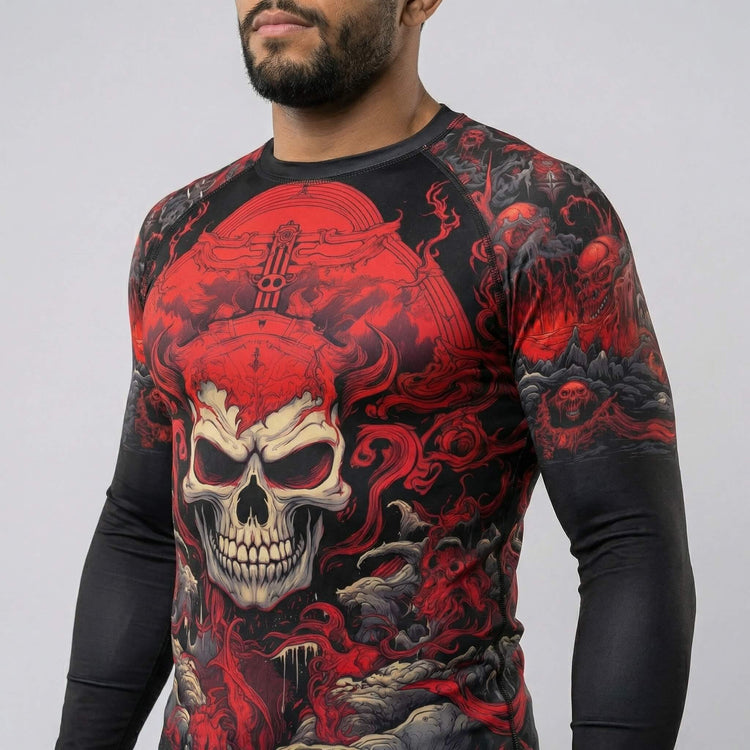 Close view of Shinigami red skull long-sleeve for BJJ and MMA