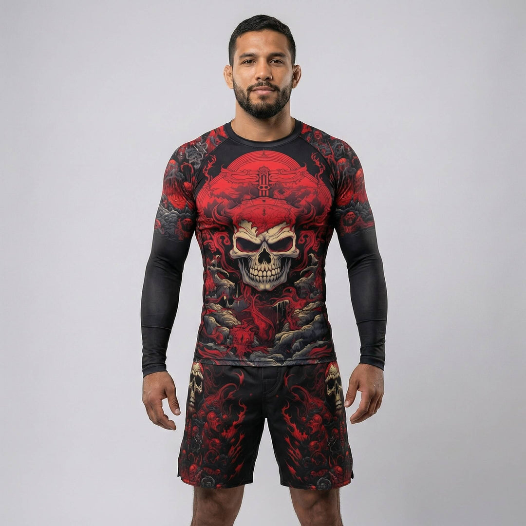 Shinigami red skull long sleeve rash guard for BJJ and MMA training