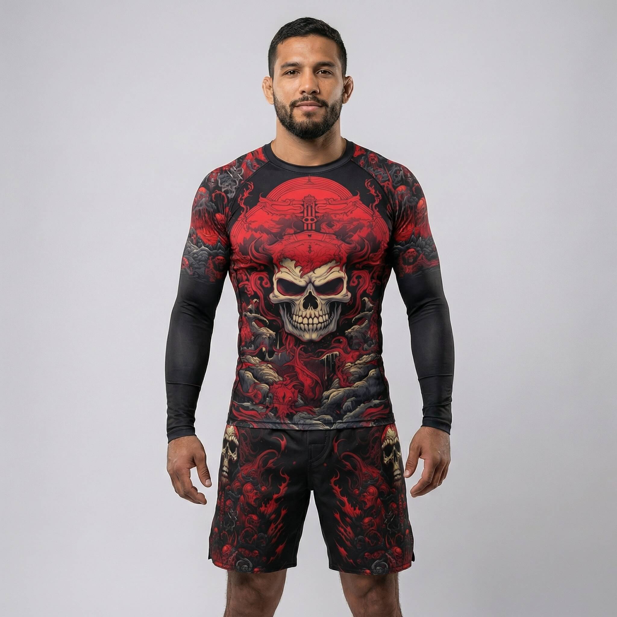Shinigami red skull long sleeve rash guard for BJJ and MMA training