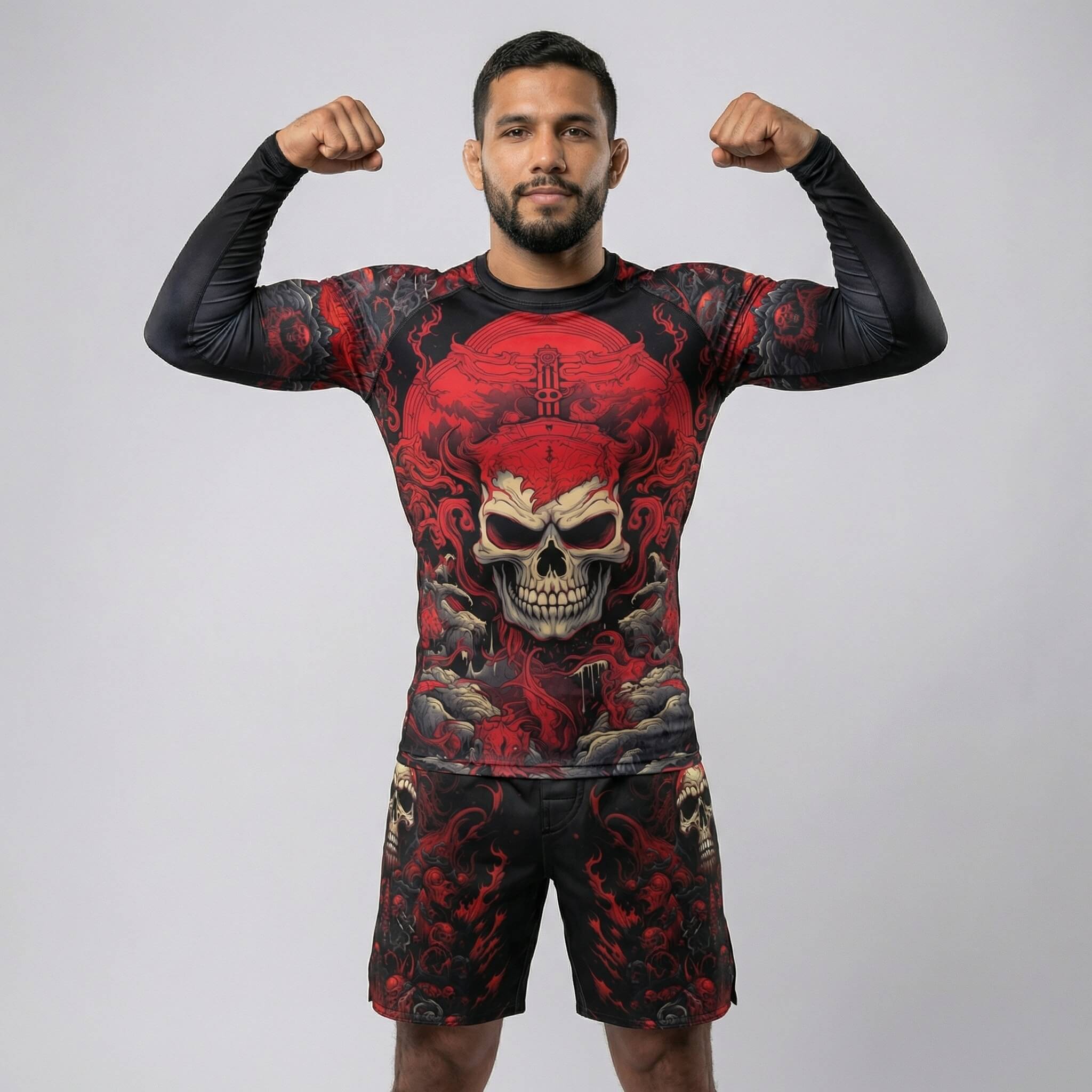 Men’s long-sleeve rash guard with Shinigami red skull design for grappling and MMA