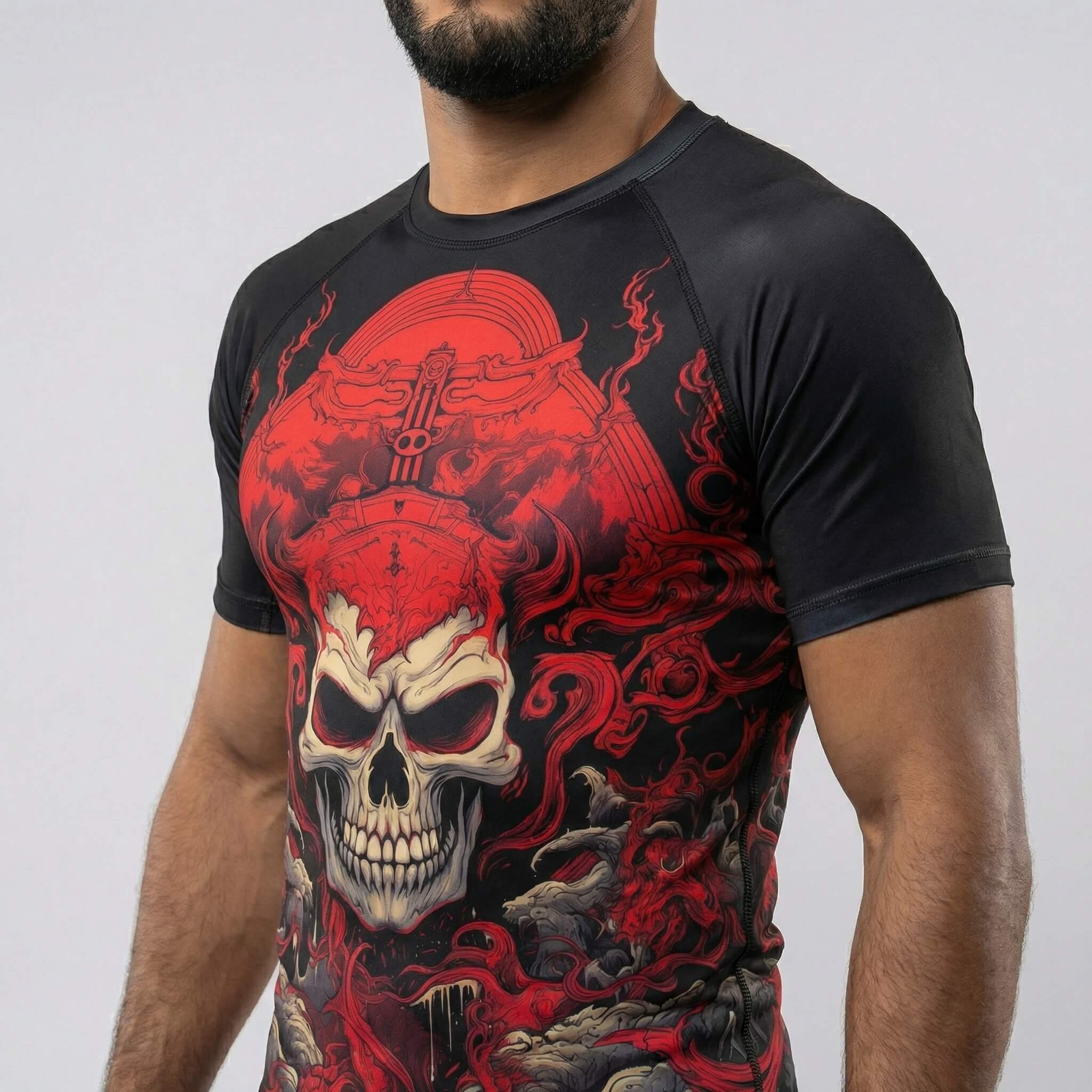 Close view of Shinigami Red Skull short sleeve rash guard for BJJ and MMA