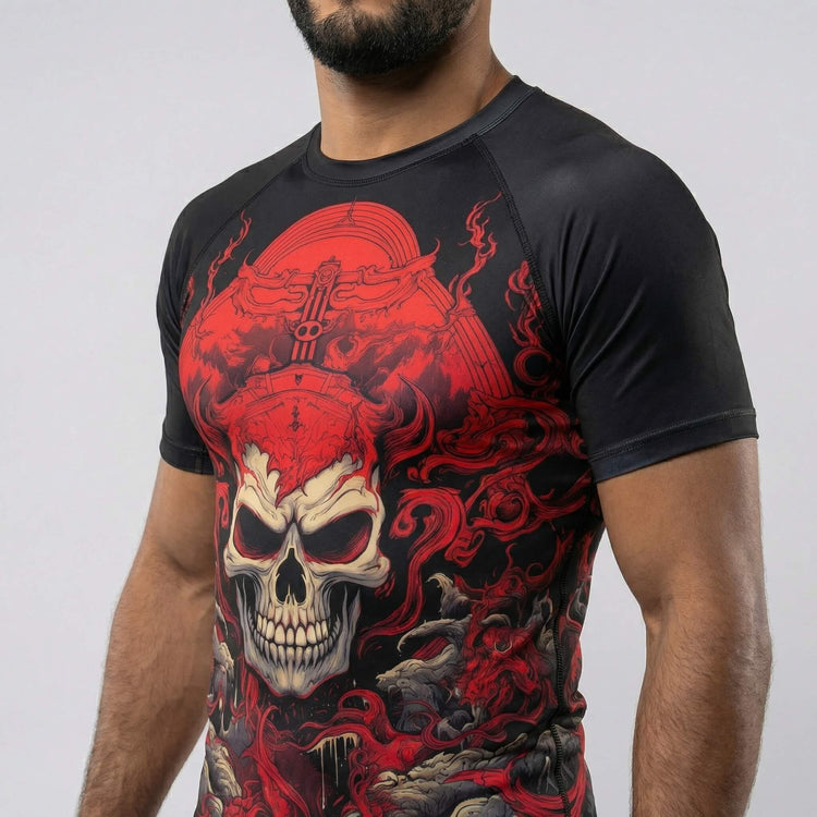 Close view of Shinigami Red Skull short sleeve rash guard for BJJ and MMA