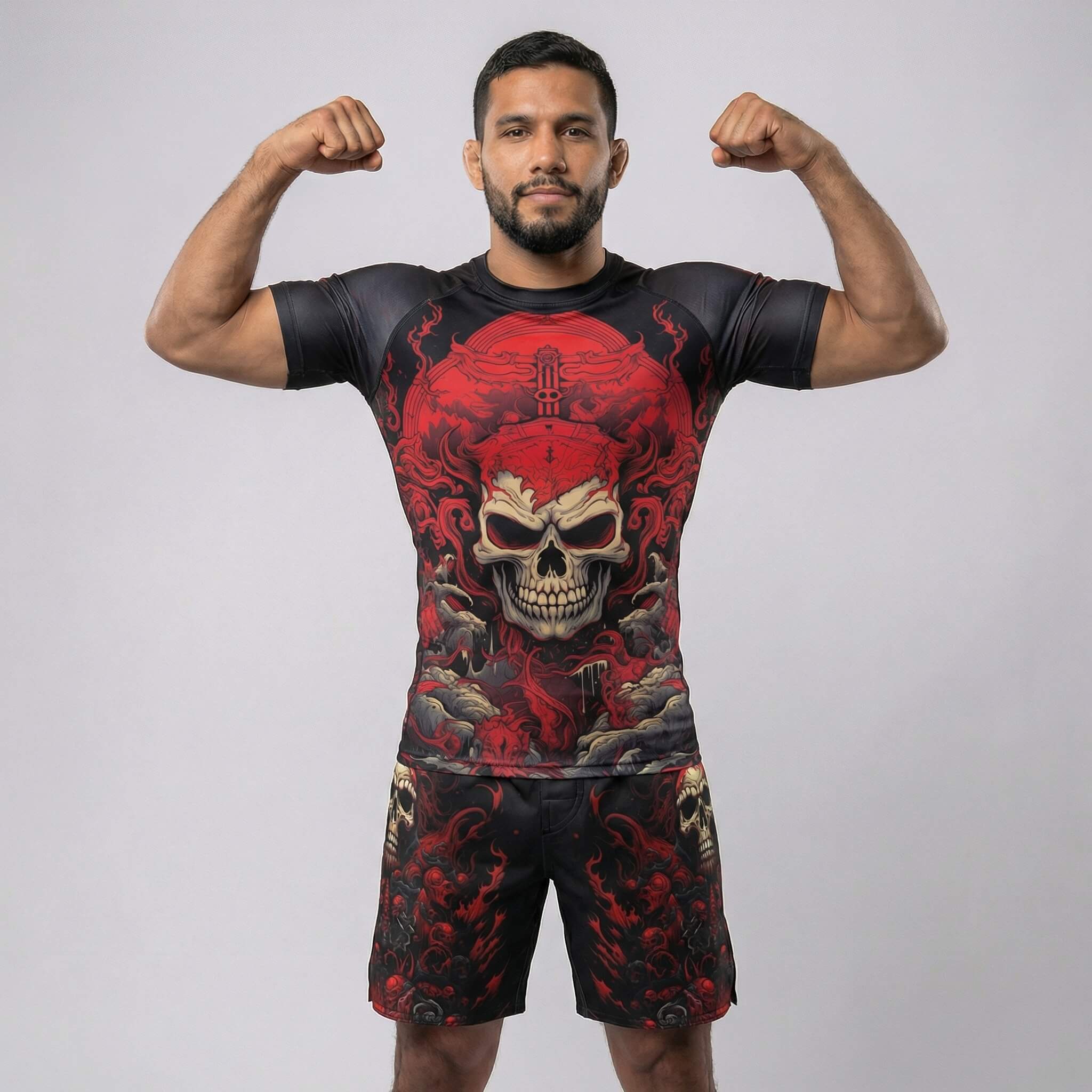Men’s short sleeve BJJ/MMA rash guard with Shinigami red skull design 