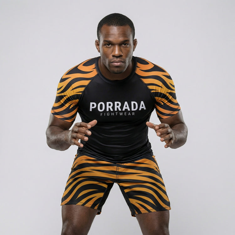 Tiger short-sleeve rash guard designed for BJJ and MMA training