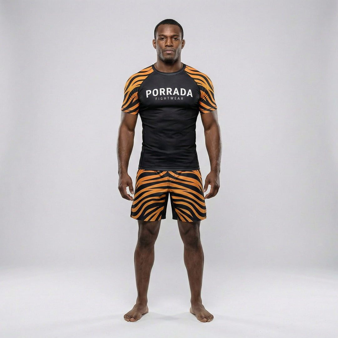 BJJ and MMA rash guard featuring a short-sleeve tiger print
