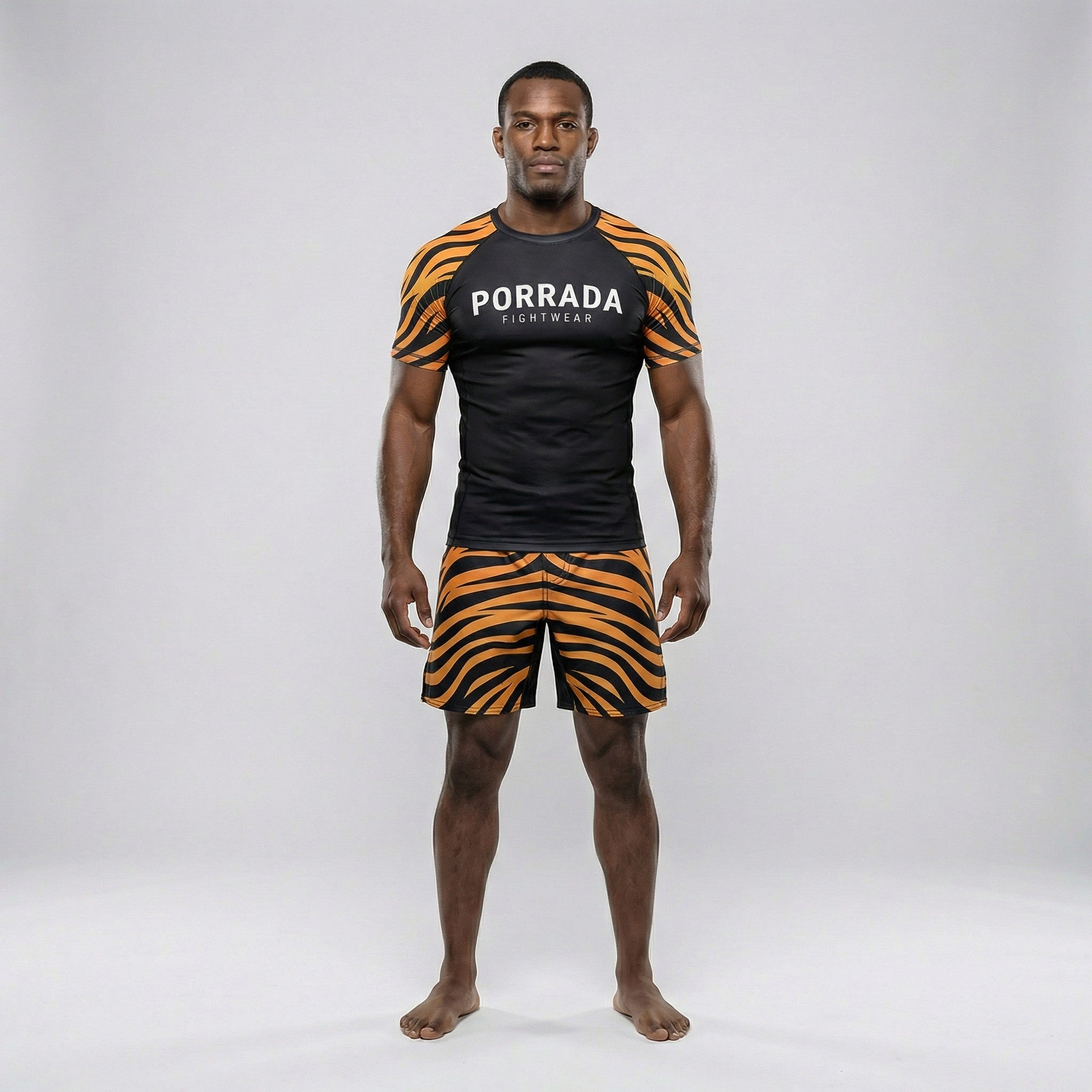 BJJ and MMA rash guard featuring a short-sleeve tiger print