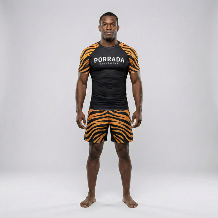 BJJ and MMA rash guard featuring a short-sleeve tiger print