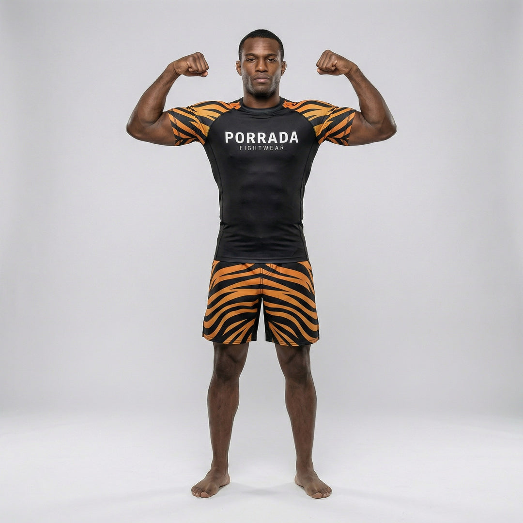 Tiger-themed short-sleeve rash guard ideal for BJJ and MMA.