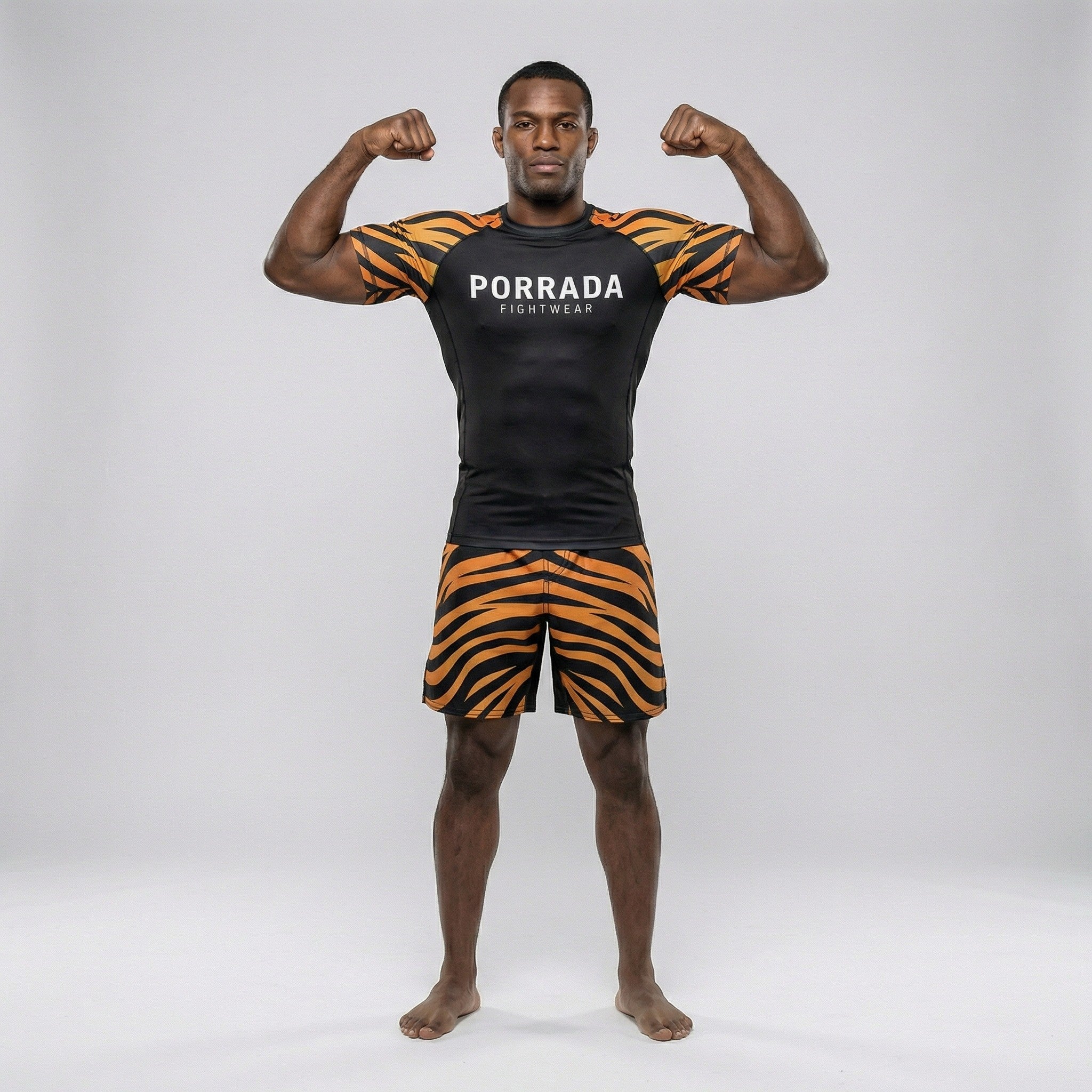 Tiger-themed short-sleeve rash guard ideal for BJJ and MMA.
