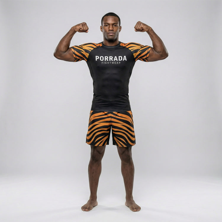 Tiger-themed short-sleeve rash guard ideal for BJJ and MMA.