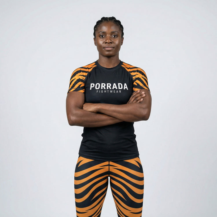Tiger performance short-sleeve rash guard for women’s MMA and BJJ