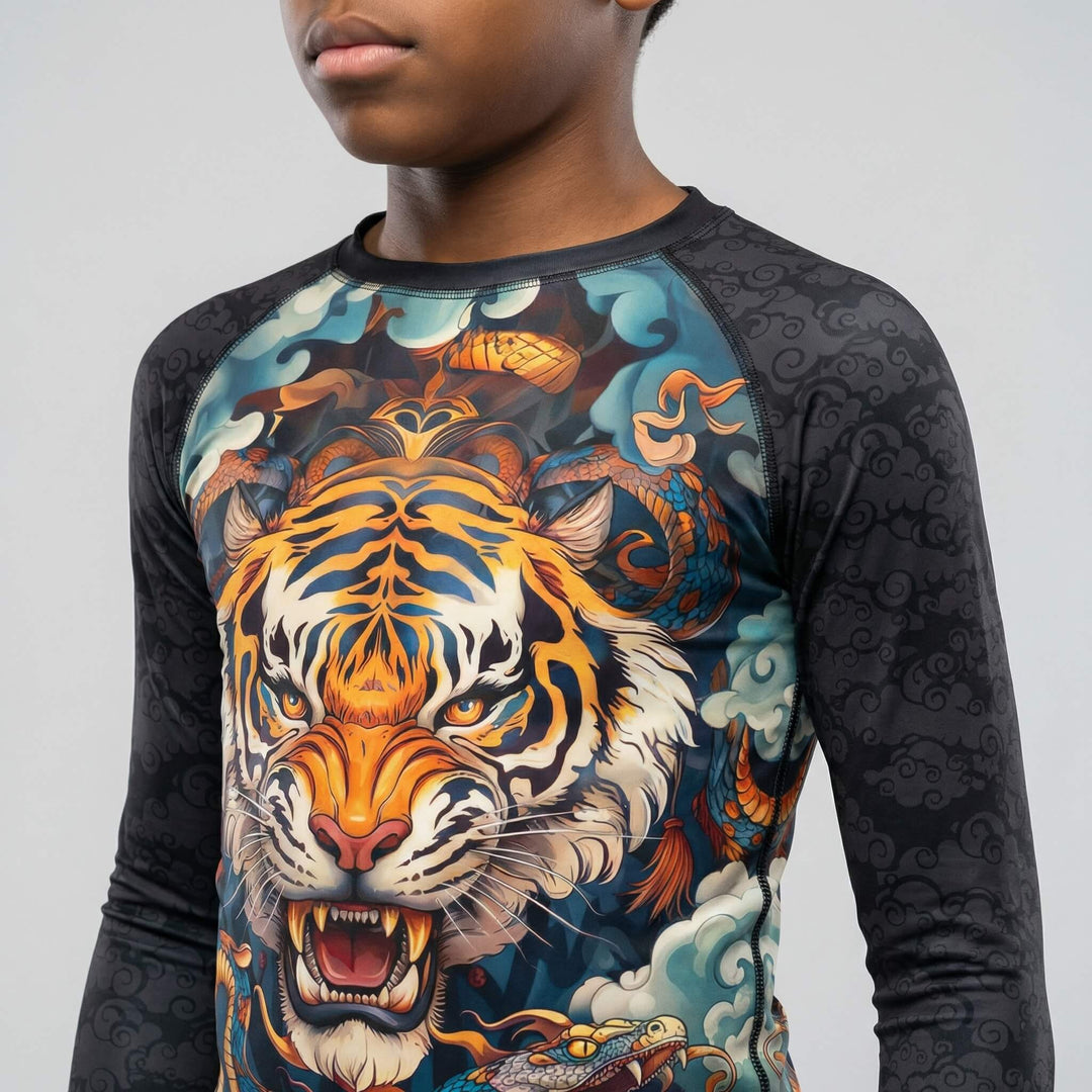 Kids' Tiger Spirit long sleeve rash guard for BJJ and MMA