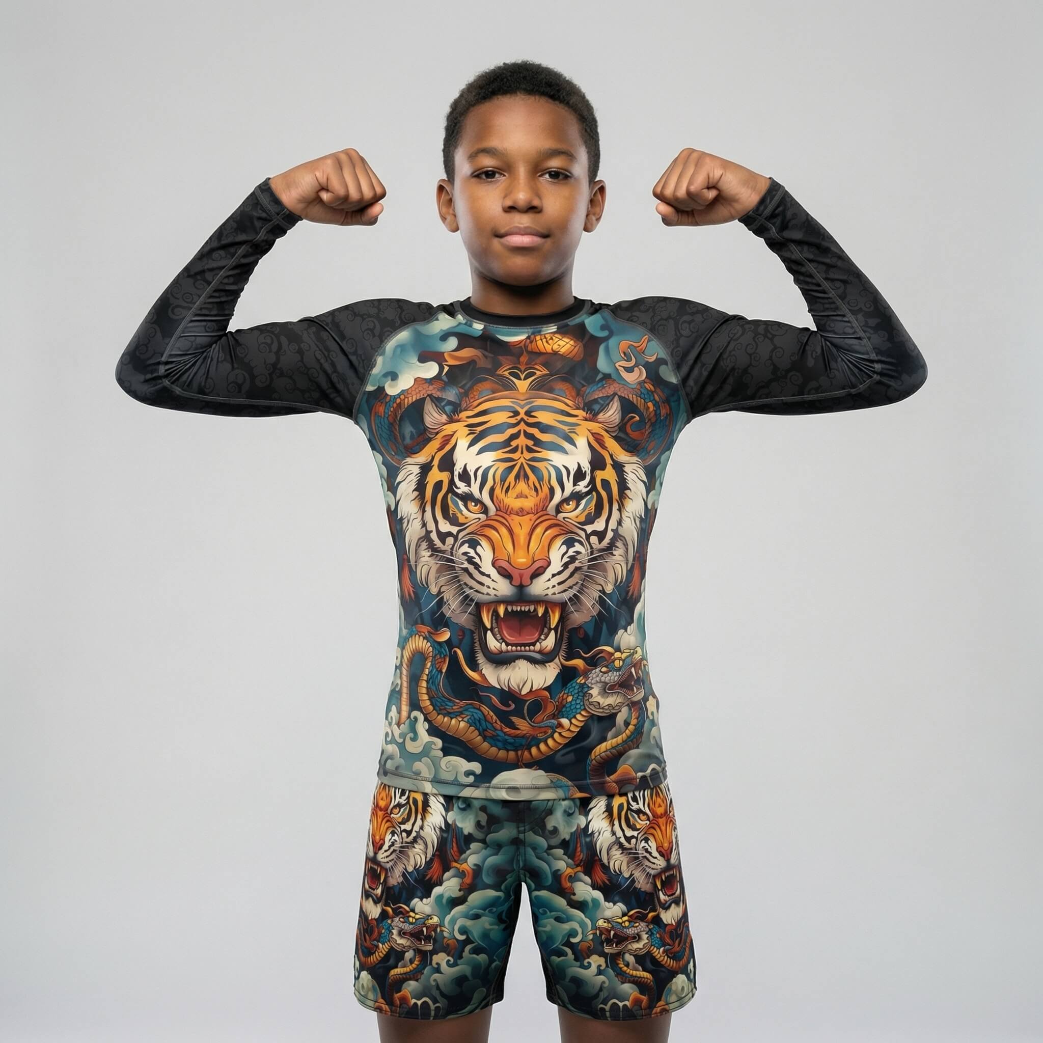 Kids' Tiger Spirit long sleeve rash guard for grappling and MMA