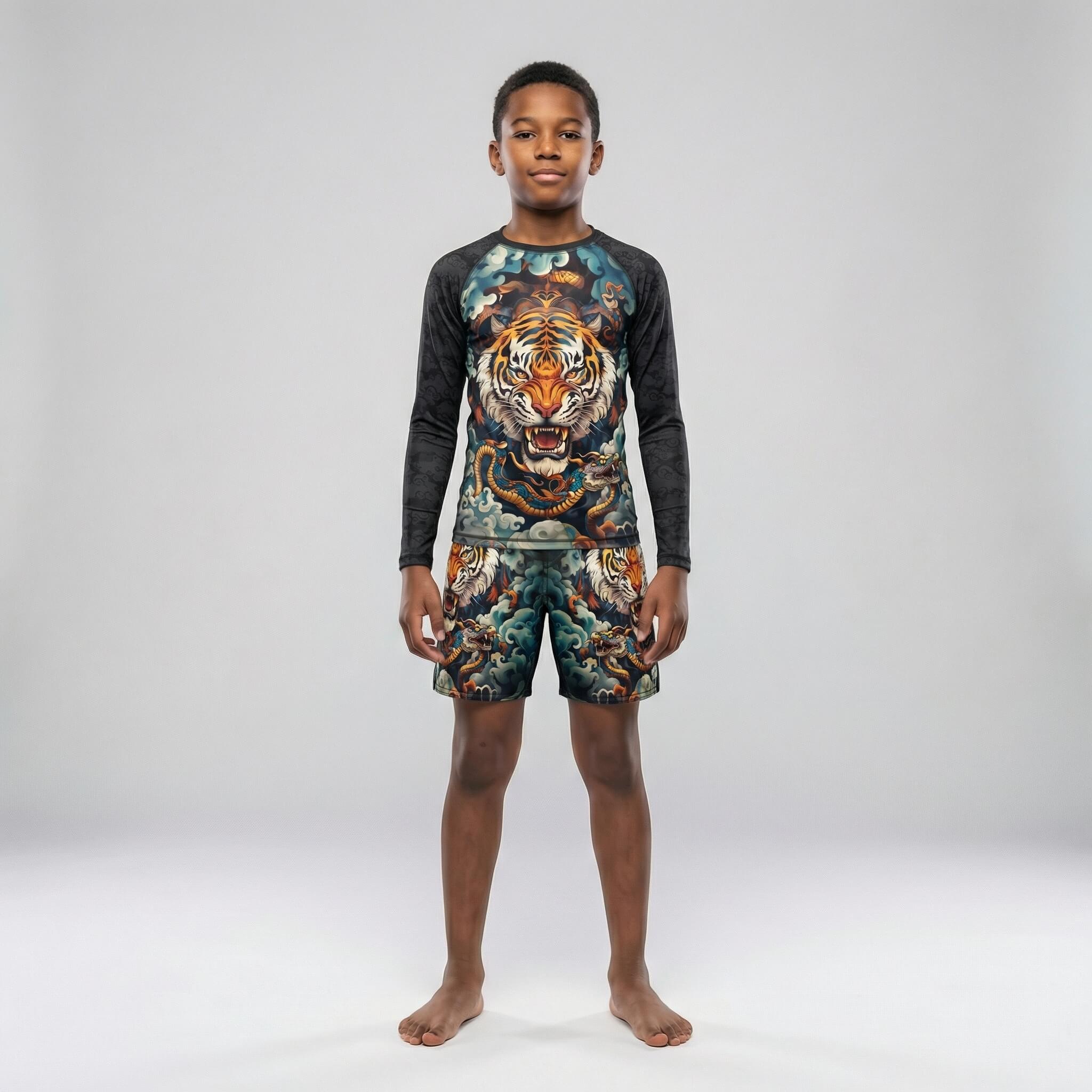 Tiger Spirit kids' long sleeve rash guard for BJJ and MMA