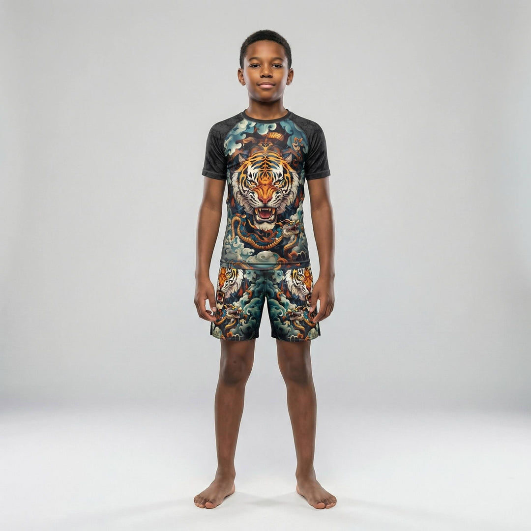 Tiger Spirit short sleeve rash guard for kids' BJJ and MMA training