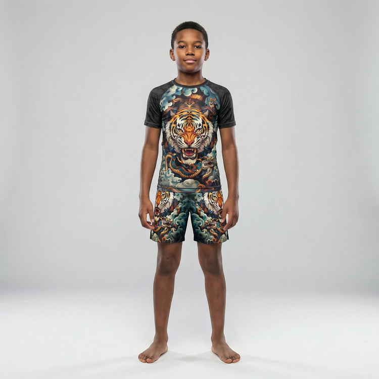 Tiger Spirit short sleeve rash guard for kids' BJJ and MMA training