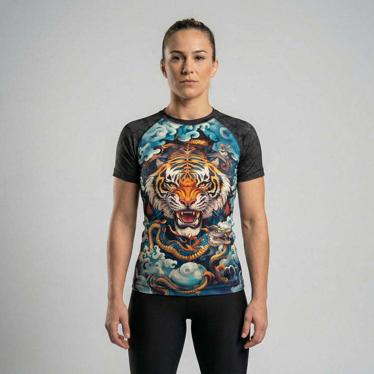 Tiger Spirit performance short-sleeve rash guard for women’s MMA and BJJ