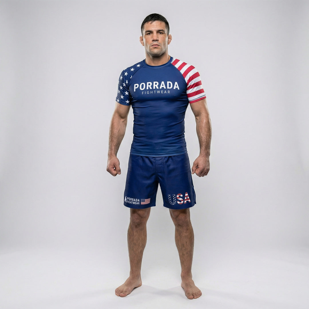 Performance fight shorts with USA Patriot design for training