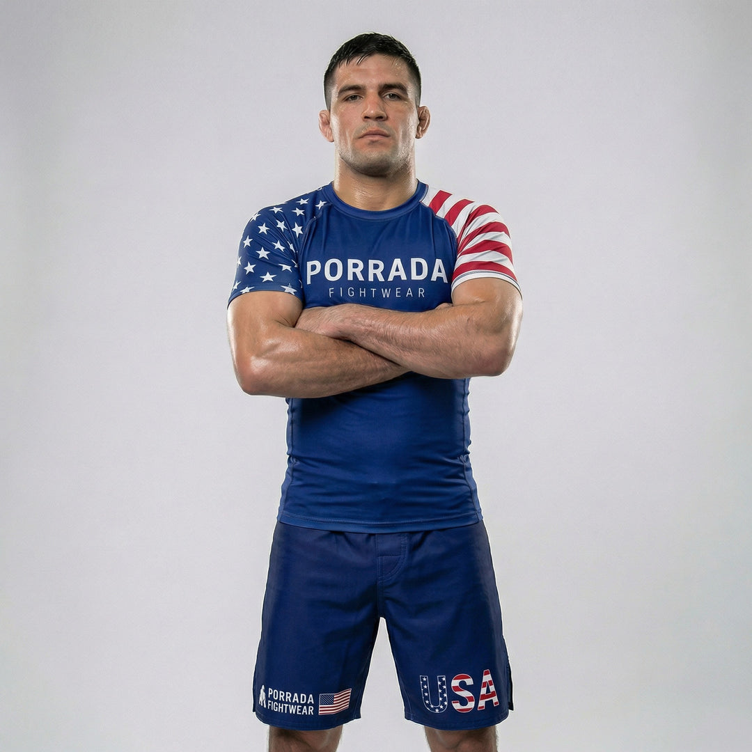 Short-sleeve rash guard with USA Patriot design for combat sports