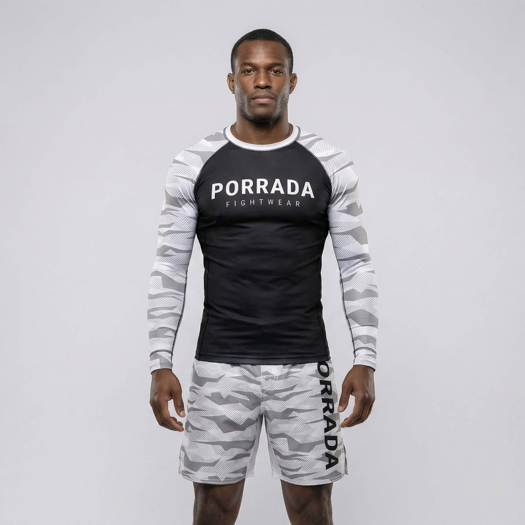 White camo performance men’s rash guard for training and competition