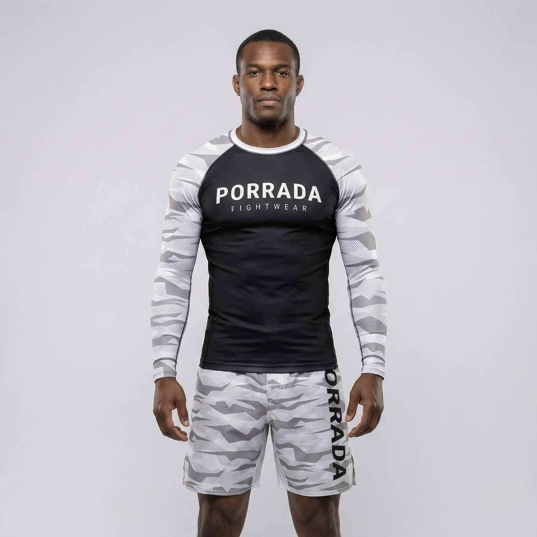 White camo performance men’s rash guard for training and competition