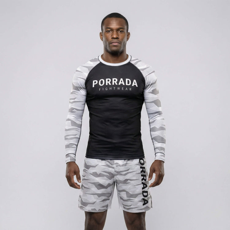 White camo performance men’s rash guard for training and competition