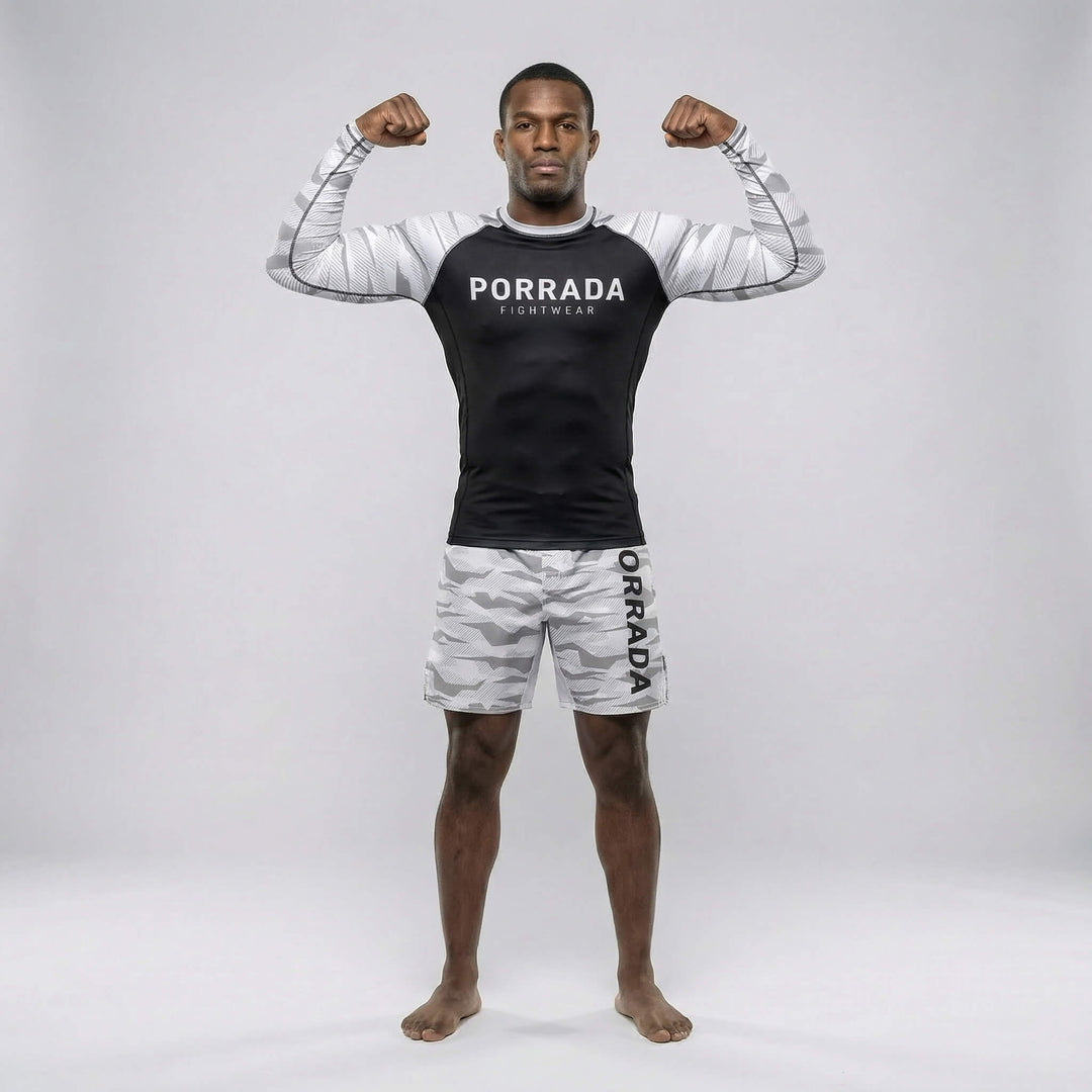 White camo compression rash guard for no-gi BJJ and MMA workouts