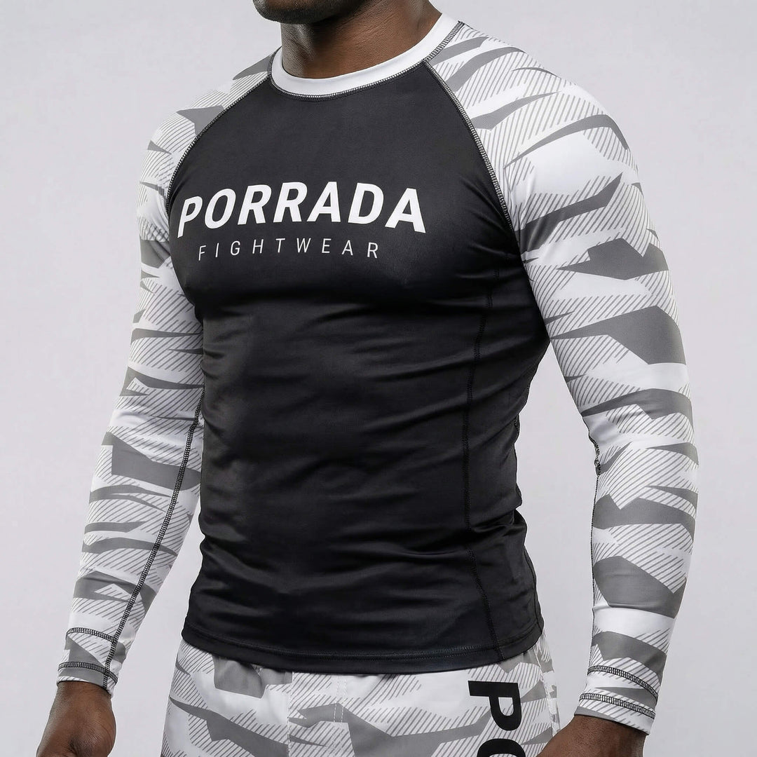 White camo long-sleeve rash guard for BJJ and MMA training