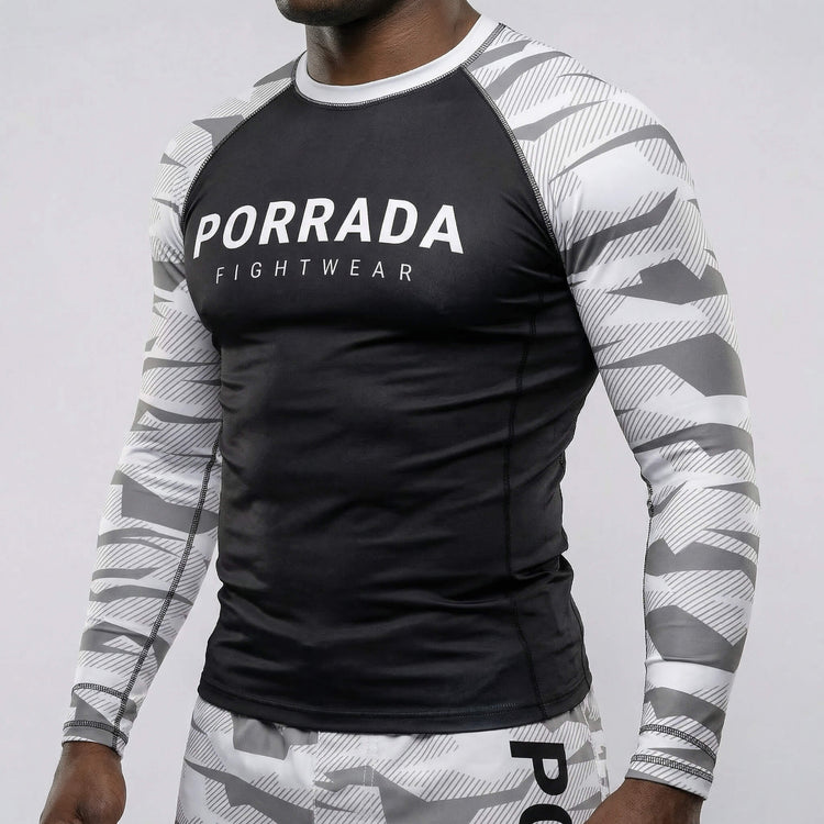 White camo long-sleeve rash guard for BJJ and MMA training