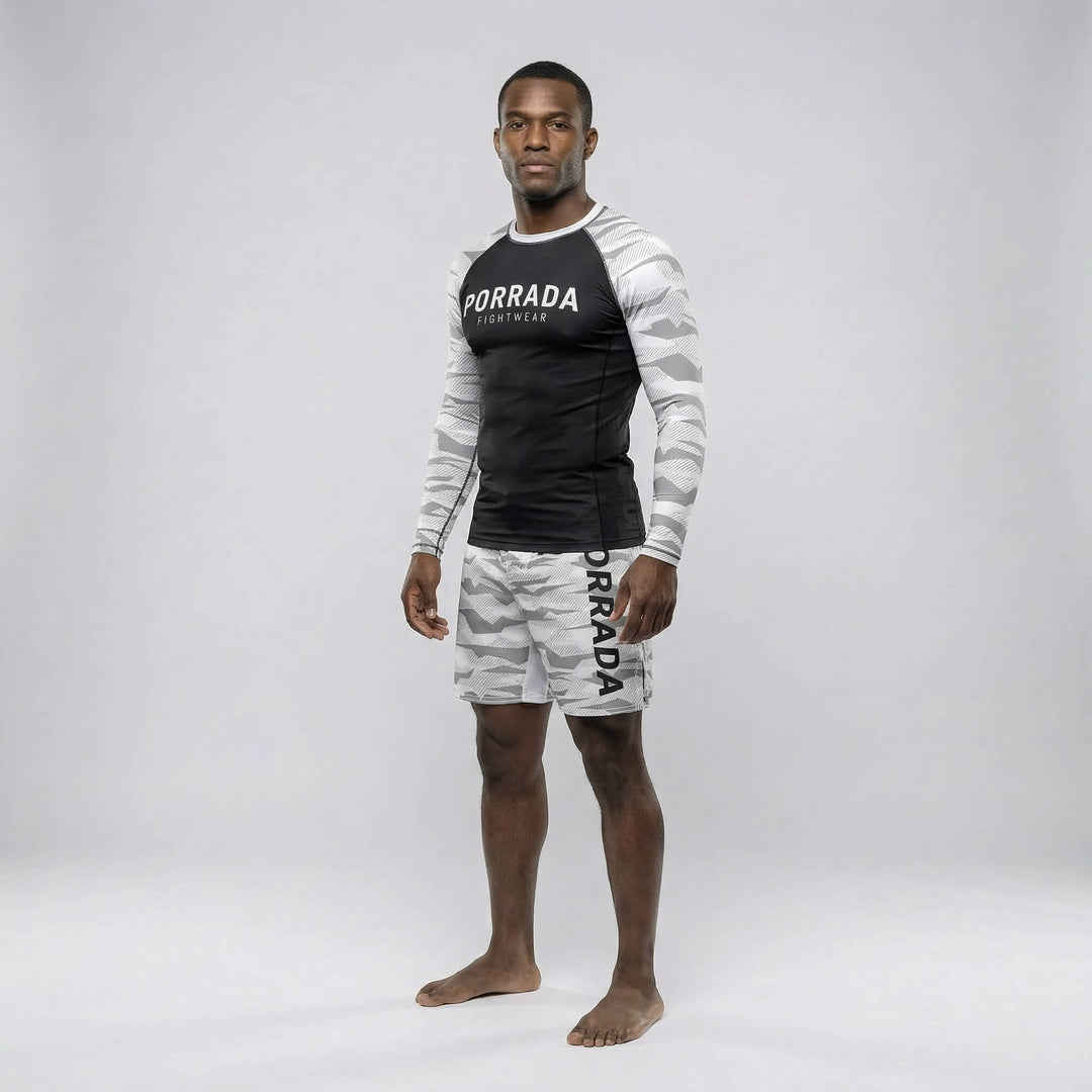 Men’s white camo athletic rash guard for grappling and MMA sessions