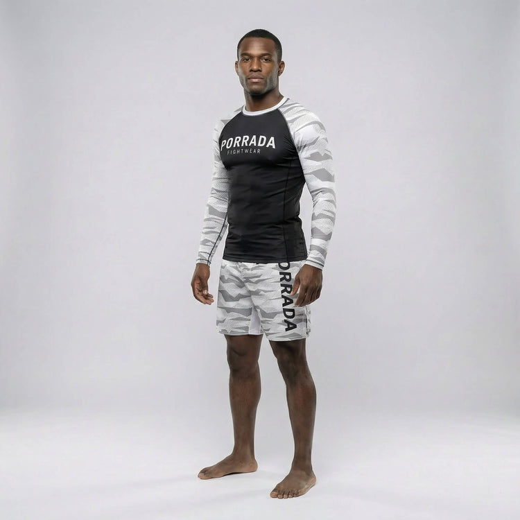 Men’s white camo athletic rash guard for grappling and MMA sessions