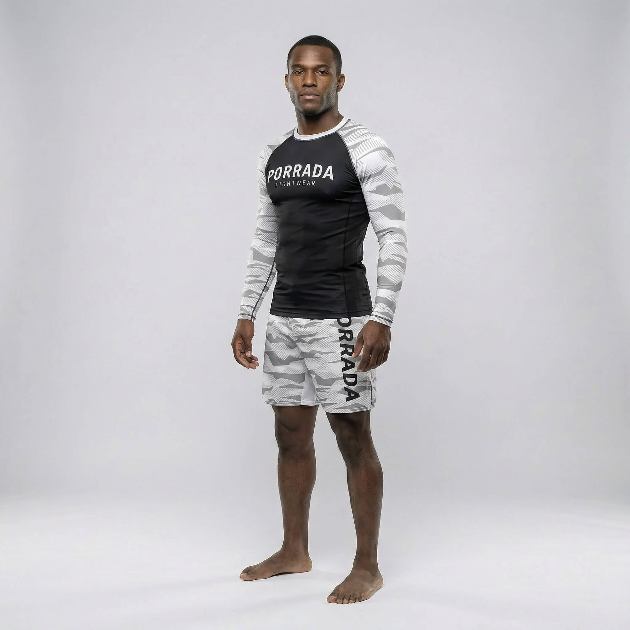 White camo high-performance fight shorts for intense training sessions