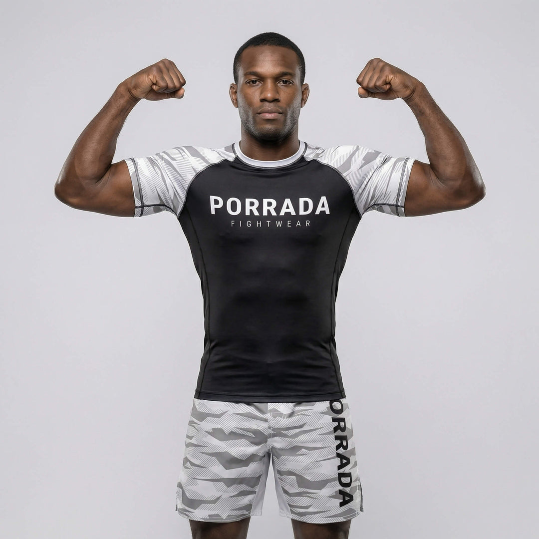 Lightweight white camo rash guard with athletic fit for BJJ and MMA
