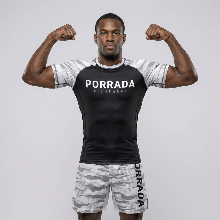 Lightweight white camo rash guard with athletic fit for BJJ and MMA